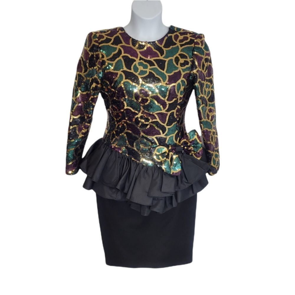 VINTAGE 80s dress Cache sequined long sleeve formal party cocktail S